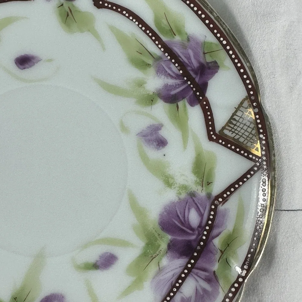 Antique‎ Nippon Hand Painted Teacup Saucer Duo Purple Rose Moriage 1911 Morimura
